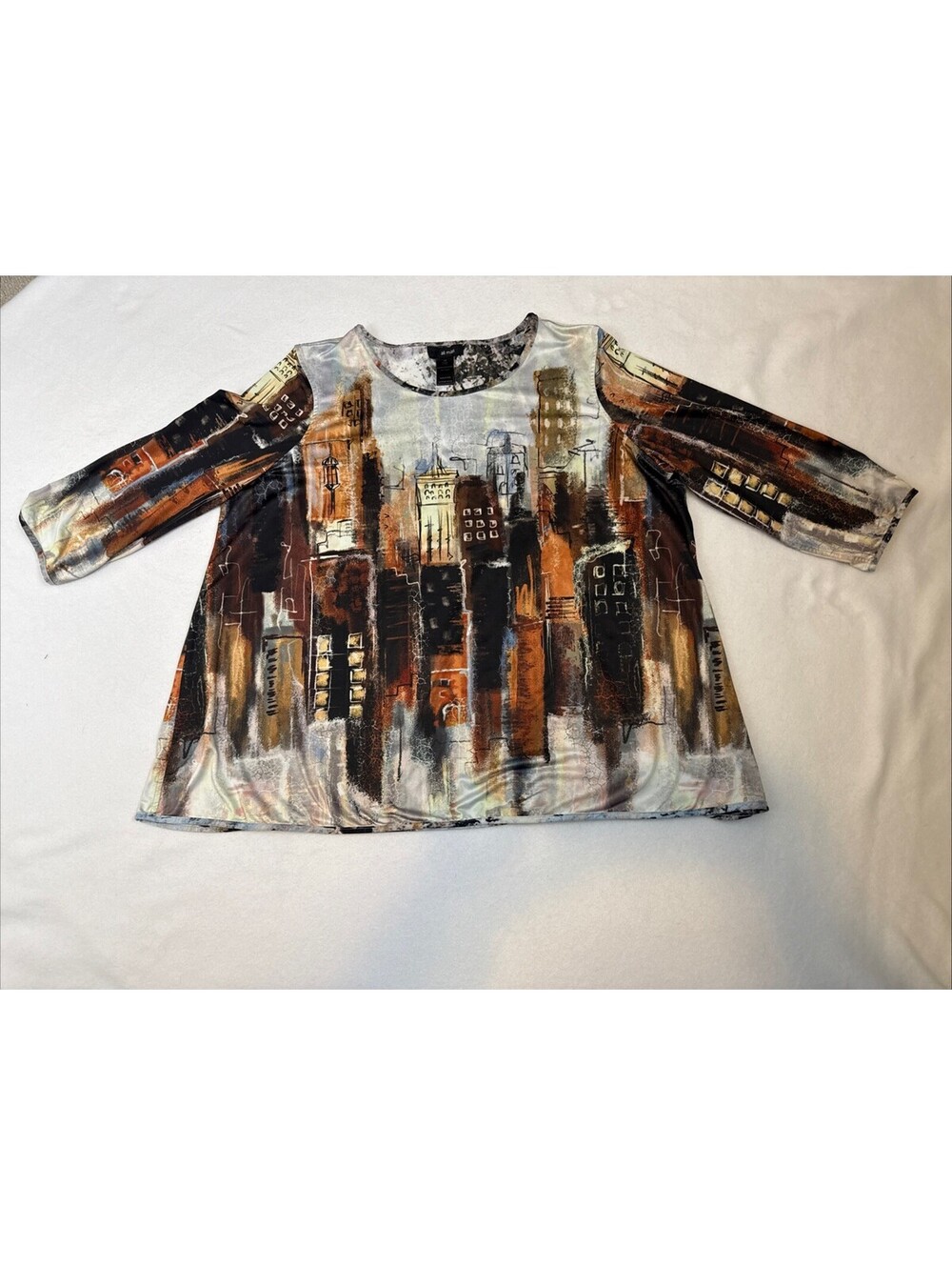Ali Miles Tunic Top Size 1X City Scape Brushed Knit Soft Colorful Art To Wear